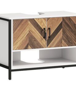 HOMCOM Under Sink Bathroom Cabinet, Rustic Under Sink Cabinet with Herringbone Doors and Open Compartment for Basin with or without Pedestal, 80 x 40 x 60cm, Cream White