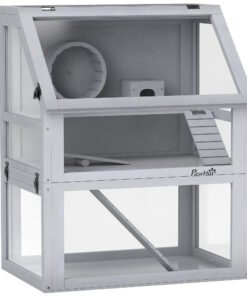 PawHut Wooden Hamster Cage with Detachable 32cm Deep Bottom, Hut, Seesaw, Exercise Wheel, Ramp, 60 x 40 x 75cm, Light Grey