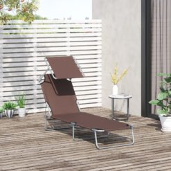 Outsunny Outdoor Foldable Sun Lounger, 4 Level Adjustable Backrest  Reclining Sun Lounger Chair with Angle Adjust Sun Shade Awning for Beach, Garden, Patio, Brown