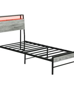 HOMCOM Single Steel Bed Frame, with LED Lights and Headboard Shelf - Grey