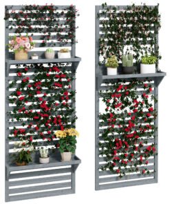 Outsunny Wall Mounted Plant Stands Set of 2, Fir Wood Flower Stand with Shelves and Slatted Trellis for Patio, Balcony, Porch
