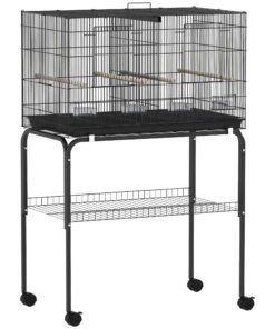 PawHut Bird Cage with Divider, 4 Wooden Perches, Slide Out Tray, 4 Feeders, for Budgie, Lovebird, Canary, 76 x 46 x 116cm Black