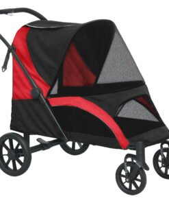 PawHut Foldable Pet Stroller for Large Dogs with Four Big Wheels, Shock-Absorbing Frame, Safety Leashes, Brakes, Red/Black