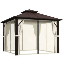 Outsunny 3 x 3(m) Hardtop Gazebo Canopy with UPF30+ Double Polycarbonate Roof, Aluminium Frame Garden Gazebo Permanent Pavilion with Mosquito Netting and Curtains for Patio, Deck, Beige