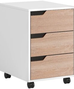 HOMCOM 3 Drawer Mobile File Cabinet, Vertical Filing Cabinet with Wheels for Home Office, Oak