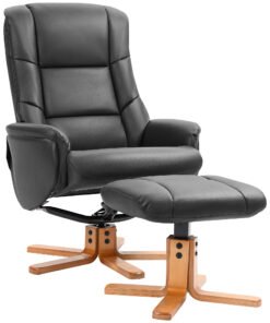 HOMCOM Rocking Recliner Chair with Footstool, PU Leather Recliner Armchair with Wood Base, Upholstered Reclining Chair for Living Room Bedroom, Black