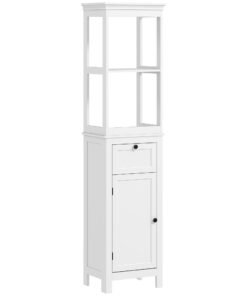 HOMCOM Tall Bathroom Cabinet, Slim Bathroom Storage Cabinet with 2 Open Shelves, Soft Close Door and Drawer, Adjustable Shelf, Narrow Cupboard Storage Unit, White
