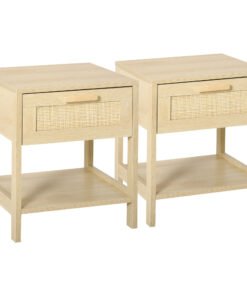 HOMCOM Bedside Table Set of 2 with Rattan Drawer, Rustic Side Tables with Storage Shelf for Bedroom, Living Room, Natural