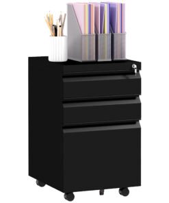 Vinsetto 3-Drawer Filing Cabinet with Lock, Mobile Steel File Cabinet for A4, Legal and Letter Size, Under Desk Drawers with Pre-Assembled Body for Home Office, 37 x 43.5 x 60 cm, Black