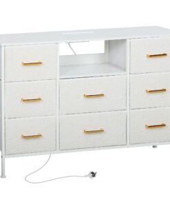 HOMCOM Boucle Chest of Drawers, 8 Fabric Drawers Storage Organiser with Charging Station, 2 USB and 2 AC Ports, Steel Frame, Fabric Dresser for Living Room, Bedroom, Hallway, Cream White