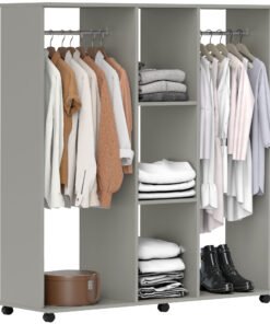 HOMCOM Open Wardrobe Double Mobile Storage Shelves Organizer W/6 Wheels-Grey