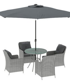 Outsunny 4 Seater Rattan Dining Set with Parasol & Cushions - Light Grey