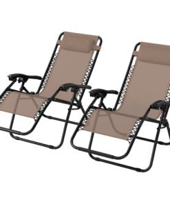 Outsunny Zero Gravity Chair Set of 2, Metal Frame Texteline Armchair Outdoor Folding and Reclining Sun Lounger with Head Pillow for Patio Decking Gardens Camping, Beige