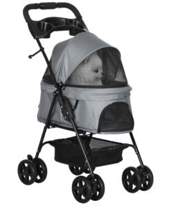 PawHut Dog Pram Dog Stroller Foldable Pet Pushchair with 4 Wheels, Safety Leashes, Cup Holder for Small Dogs, Grey