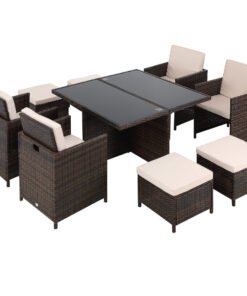 Outsunny 8 Seater Rattan Cube Garden Furniture Set, Rattan Dining Set with Cushions, Outdoor Dining Table and Chairs with 4 Armchairs, 4 Stools, Square Glass Top Table for Patio, Balcony, Brown