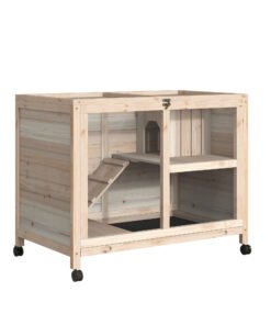 PawHut Rabbit Hutch Indoor Wooden Guinea Pig House Hamster Cage with Wheels, 2 Layers Bunny Cage with Openable Roof, 91.5 x 53.3 x 73 cm, Natural