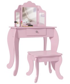 HOMCOM Kids Vanity Table and Chair Set with Tri-Folding Mirror and Stool, Makeup Dressing Table with Drawer, Pink