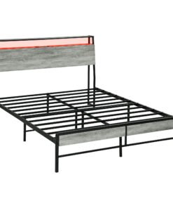 HOMCOM Double Steel Bed Frame, with LED Lights and Headboard Shelf - Grey