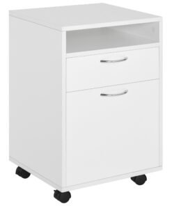HOMCOM 60cm Filing Cabinet with Drawer, Open Shelf, Metal Handles and 4 Wheels, Office Home Organiser Mobile Printer, White