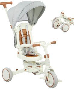 AIYAPLAY 5 in 1 Kids Trike with Adjustable Backrest, Toddler Tricycle with Push Handlebar, Adjustable Backrest, Cream White