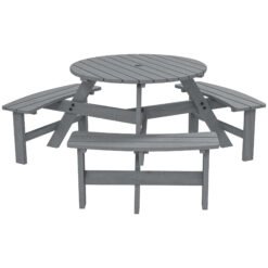 Outsunny 6 Seater Wooden Picnic Table and Garden Benches Set, Round Garden Dining Set with 3 Benches and Umbrella Hole Outdoor Garden Park, Grey