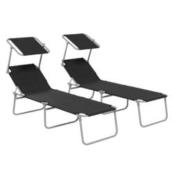 Outsunny Foldable Sun Lounger Set of 2 with Sun Shade & Adjustable Backrest - Black