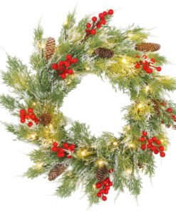 HOMCOM 60 cm Prelit Christmas Wreath, Door Wreath with Realistic Branches, 30 Warm White LEDs, Timer, Battery Operated