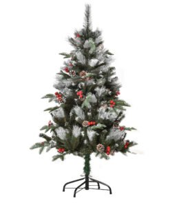 HOMCOM 4FT Artificial Snow Dipped Christmas Tree Xmas Pencil Tree Holiday Home Party Decoration with Foldable Feet Red Berries White Pinecones, Green