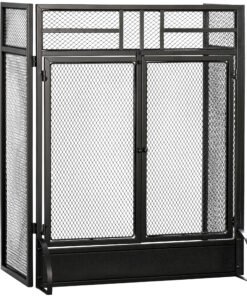HOMCOM 3-Panel Folding Fireplace Screen with Door, Freestanding Spark Guard, Metal Mesh Fireguard, Black