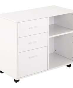 HOMCOM Freestanding Printer Stand Unit Office Desk Side Mobile Storage w/ Wheels 3 Drawers, 2 Open Shelves Modern Style 80L x 40W x 65H cm - White