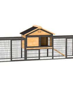 PawHut Wooden Rabbit Hutch Outdoor with Steel Run, Wooden Guinea Pig Cage with Removable Plastic Tray, Asphalt Roof, Ramp