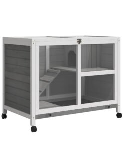 PawHut Wooden Rabbit Hutch Indoor with Wheels, Openable Roof, 91.5 x 53.3 x 73 cm, Grey