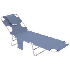Outsunny Foldable Sun Lounger, Beach Chaise Lounge with Reading Hole, Arm Slots, 5-Position Adjustable Backrest, Side Pocket, Pillow for Garden, Beach, Pool, Grey