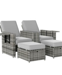 Outsunny Rattan Sun Lounger w/ Storage Tea Table & Footstools, Grey
