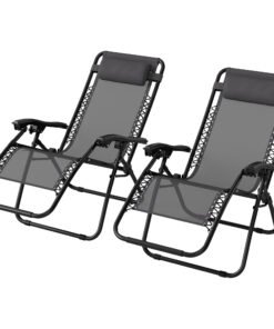 Outsunny Zero Gravity Chair Set of 2, Metal Frame Texteline Armchair Outdoor Folding and Reclining Sun Lounger with Head Pillow for Patio Decking Gardens Camping, Grey