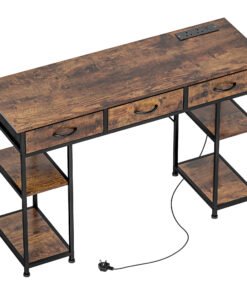 HOMCOM 120cm Computer Desk with Power Outlets, Office Desk Study Table with Fabric Drawers and Storage Shelves, Rustic Brown