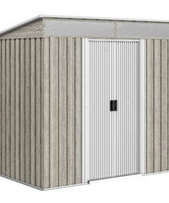Outsunny 6.5 x 4FT Galvanised Metal Shed with Foundation Kit, Lockable Tool Garden Shed with Double Sliding Doors, Vents, Light Grey Wood Effect
