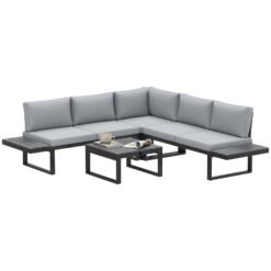 Outsunny 4 Pieces Garden Furniture Set, 5-Level Reclining Garden Corner Sofa Set, Outdoor Lounge Conversation Sectional with Cushions, Wood Effect Plastic Table, Black Frame & Light Grey Cushion
