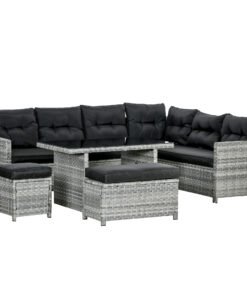 Outsunny 5-Piece Rattan Patio Furniture Set with Corner Sofa, Footstools, Glass Coffee Table, Cushions, Mixed Grey