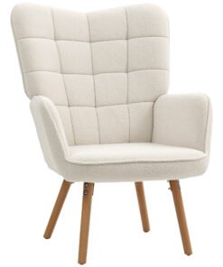 HOMCOM Modern Accent Chair, Upholstered Tufted Wingback Armchair with Seat Padding, Teddy Fleece Leisure Lounge Bedroom Chair with Wood Legs, Cream White