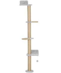 PawHut Wall Mounted Cat Shelves, Cat Climbing Wall with 4 Climbing Platforms, Jute Scratching Post and Toy Ball,180cm Tall, Light Grey
