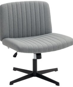 HOMCOM Armless Office Chair No Wheels, Linen Fabric Criss Cross Legged Desk Chair with Wide Seat, Thick Padding, Tilt Function, Height Adjustable Swivel Computer Seat for Home, Grey