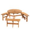 Outsunny 6 Seater Wooden Picnic Table and Garden Benches Set, Round Garden Dining Set with 3 Benches and Umbrella Hole Outdoor Garden Park, Brownish Red