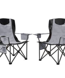 Outsunny Set of 2 Folding Camping Chairs, Padded Camping Chairs with Adjustable Armrests, Portable & Lightweight Folding Camp Chair with Cooler Bag, Cup Holder and Side Pockets, Grey