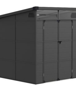 Outsunny 6 x 6ft Outdoor Storage Shed, Plastic Garden Shed with Windows and Air Vents, Outdoor Resin Tool Shed with Latch Doors for Garden, Deck, Dark Grey