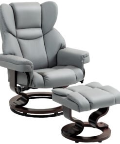 HOMCOM 360° Swivel Recliner Chair with Footstool, PU Leather Manual Recliner Armchair with Footstool, Solid Wood Base, Upholstered Reclining Chair for Living Room, Bedroom, Office, Light Grey