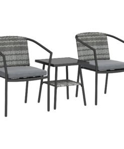 Outsunny 3 Pieces Rattan Bistro Set with Cushions, Wicker Garden Furniture Set, Glass Top Coffee Table and Chairs for Outdoor Patio, Balcony, Terrace and Conservatory, Grey