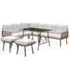 Outsunny 6 Piece Rattan Garden Furniture Set, 8 Seater Garden Corner Sofa with Cushions and Glass Top Table, Sectional Outdoor Furniture Conservatory Set for Patio, Cream White