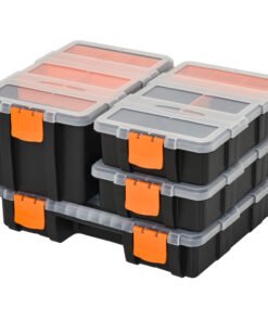 DURHAND Set Of 4 Plastic DIY Tool Storage Boxes w/ Inside Dividers Locking Lids Home Garage Organisation Stacking Arts Crafts Bolts Black Orange
