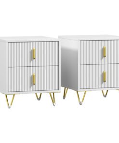 Set of 2 Elegant Chest of Two Drawers - White/Gold-Tone